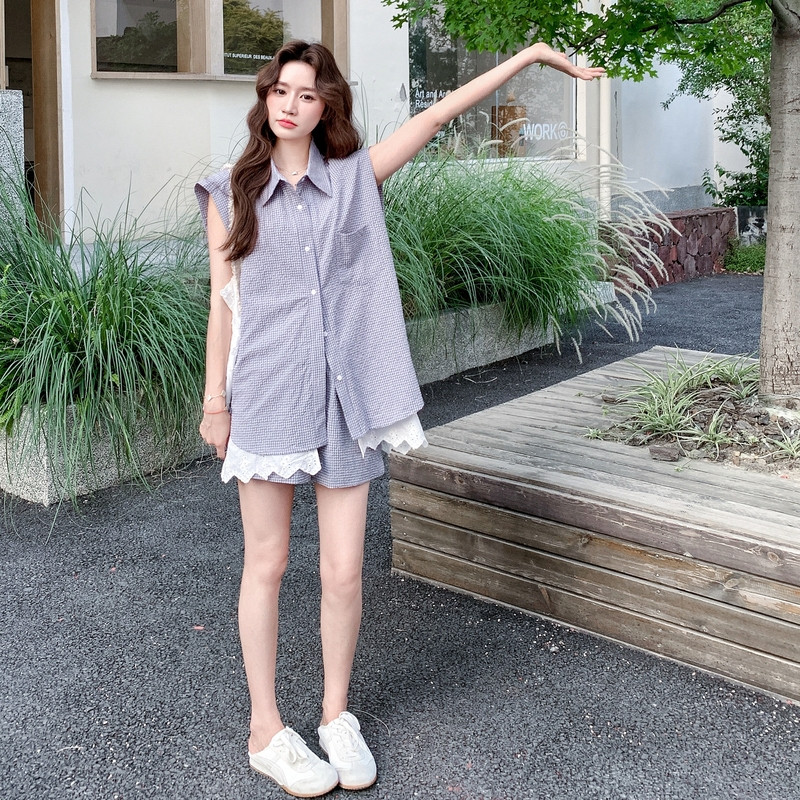 设计感格纹衬衫阔腿短裤套装女2025夏季新款慵懒风减龄气质两件套,女装套装/套裙,浙宝099