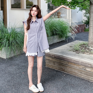 设计感格纹衬衫阔腿短裤套装女2025夏季新款慵懒风减龄气质两件套图片