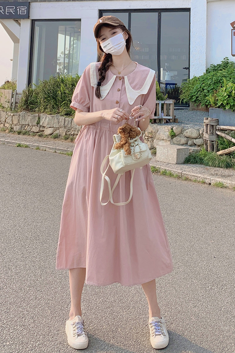 粉色娃娃领连衣裙质感小个子简约显瘦温柔风2025新款女夏季衬衫裙,女装连衣裙,浙宝099