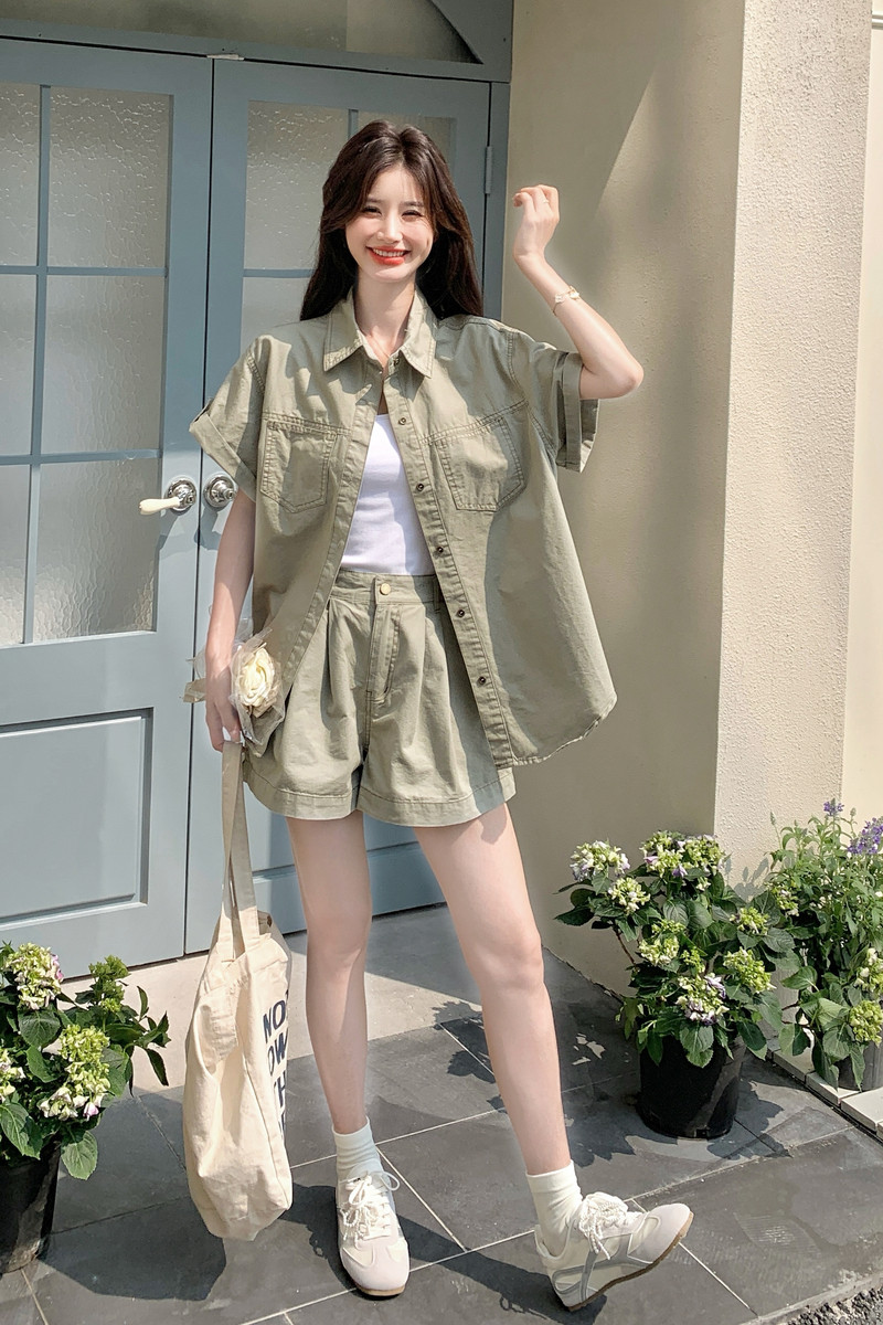 绿色小个子穿搭休闲薄款牛仔衬衫套装女夏新款炸街显瘦短裤两件套,女装套装/套裙,浙宝099