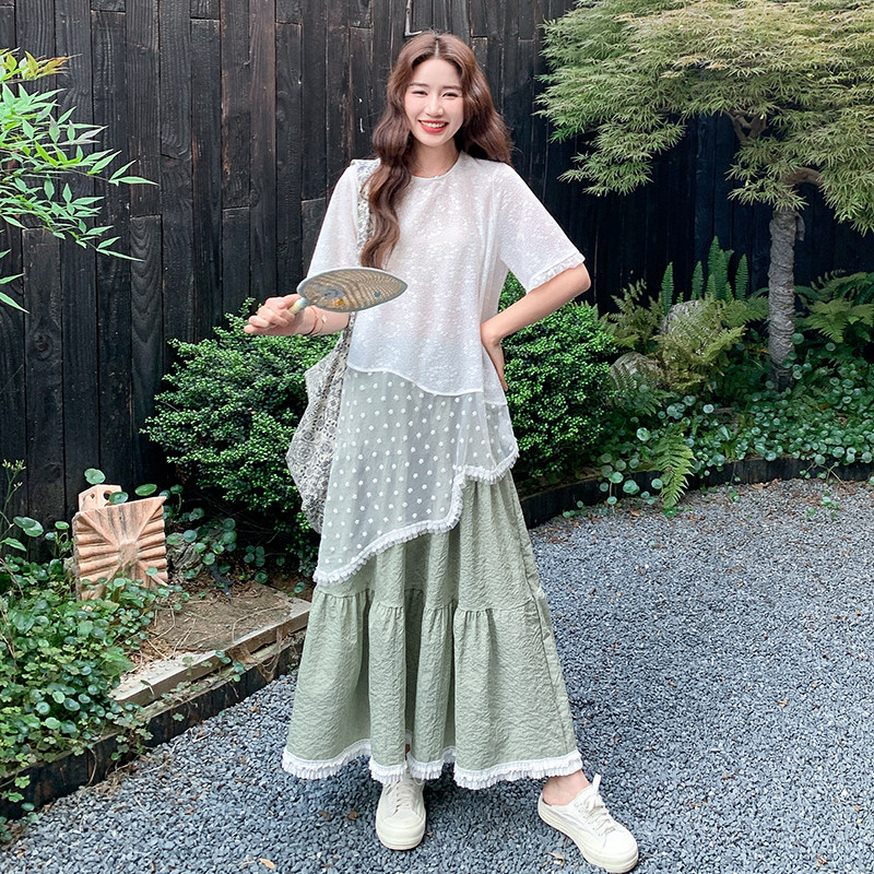 蕾丝拼接斜边上衣半身裙女夏季超火独特绝美巨好看ootd,女装连衣裙,浙宝099