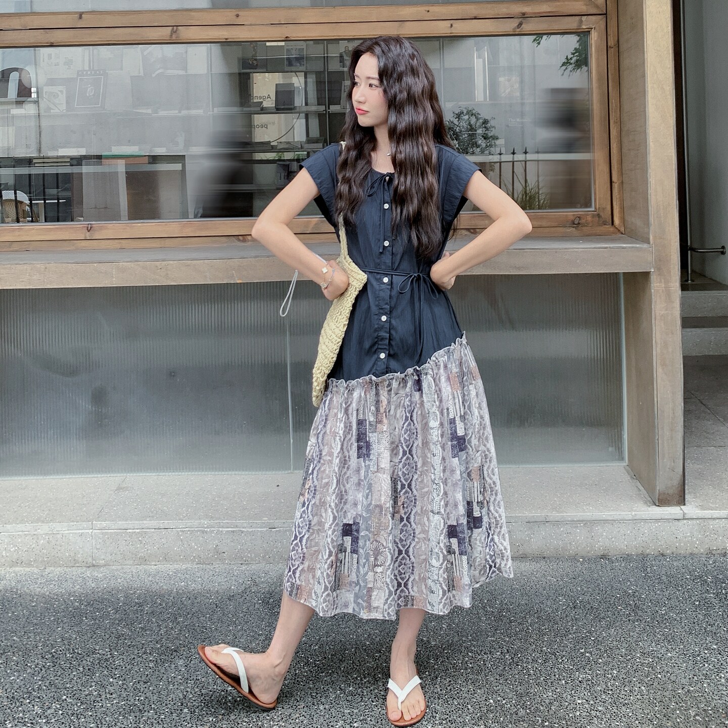 设计感小众印花拼接连衣裙女2025夏季新款港风复古收腰显瘦衬衫裙,女装连衣裙,浙宝099