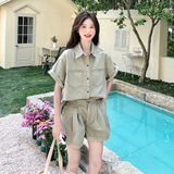 绿色小个子穿搭休闲薄款牛仔衬衫套装女夏新款炸街显瘦短裤两件套，女装套装/套裙，浙宝099