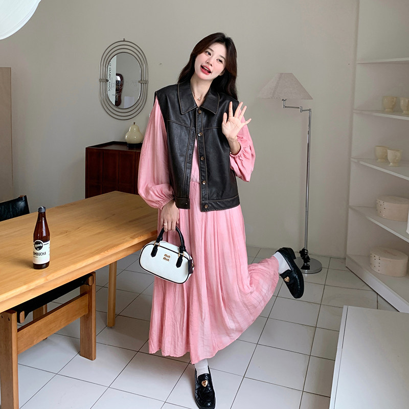 盐甜系穿搭pu皮马甲配粉色连衣裙女2025早春新款显瘦长裙两件套装,女装连衣裙,浙宝099