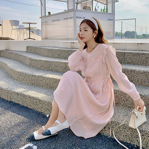 温柔风法式茶歇粉色连衣裙女2023春季新款韩系甜美收腰气质仙女裙图片