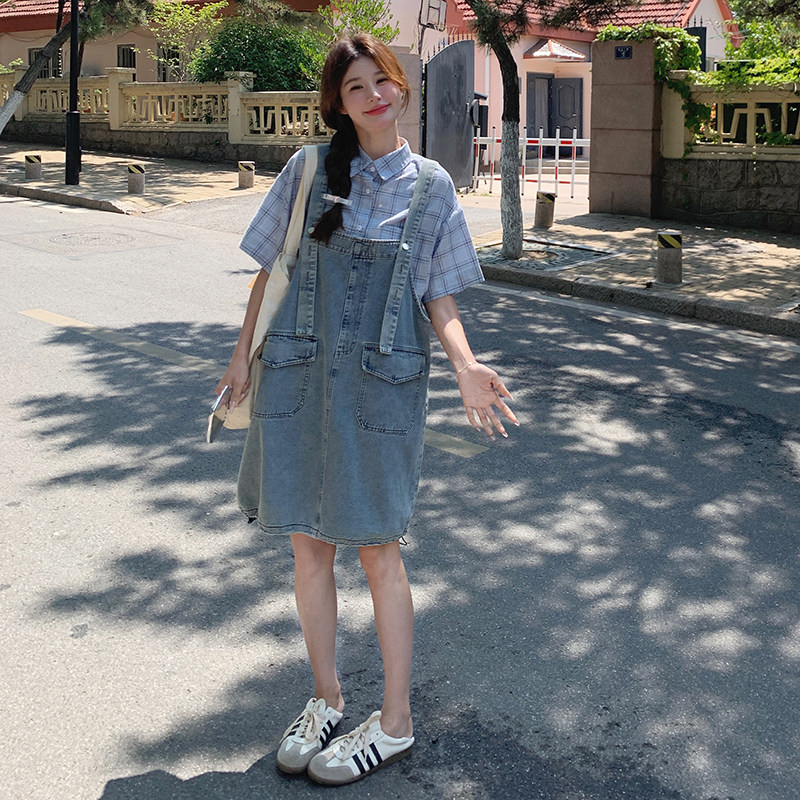 港风复古牛仔背带裙套装女夏季2024新款减龄小个子格纹衬衫两件套,女装套装/套裙,浙宝099