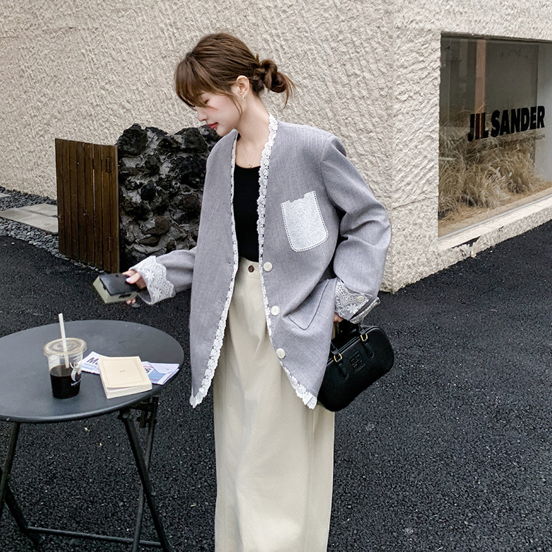 灰色蕾丝拼接西装外套女2025年春秋季新款高级感宽松流行西服上衣,女装短外套,浙宝099