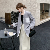 灰色蕾丝拼接西装外套女2025年春秋季新款高级感宽松流行西服上衣，女装短外套，浙宝099