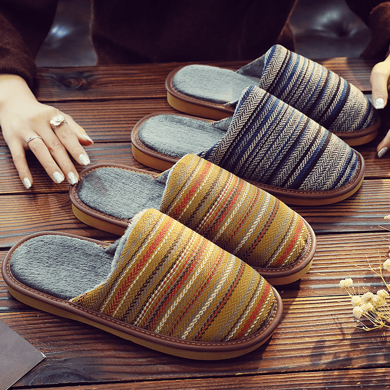 秋冬保暖防滑条纹居家耐用棉拖鞋