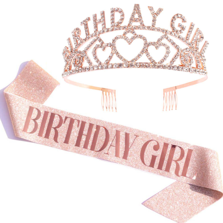 皇冠 缓带 礼仪带  玫瑰金 金粉 肩带 聚会拍照道具 生日派对套装