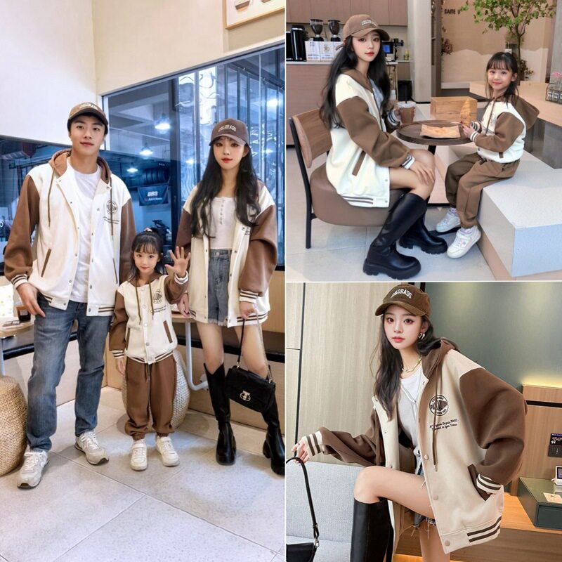 2025新款亲子装秋冬加绒加厚外套拼色棒球服高端春秋母女连帽卫衣