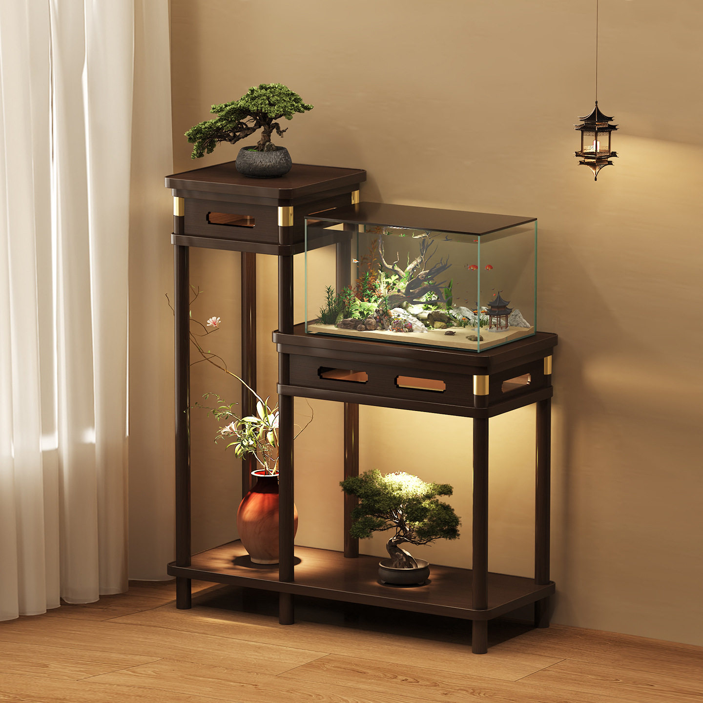 新中式客厅电视柜旁边入户玄关装饰摆件落地高级感大件收纳置物架,家居饰品,落地摆件,淘宝优惠券,粉丝福利购,淘宝优惠卷