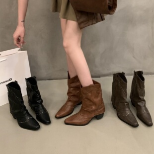 尖头西部牛仔靴女靴子2025年新款 ITANUG 正品 马丁短靴 香港代购