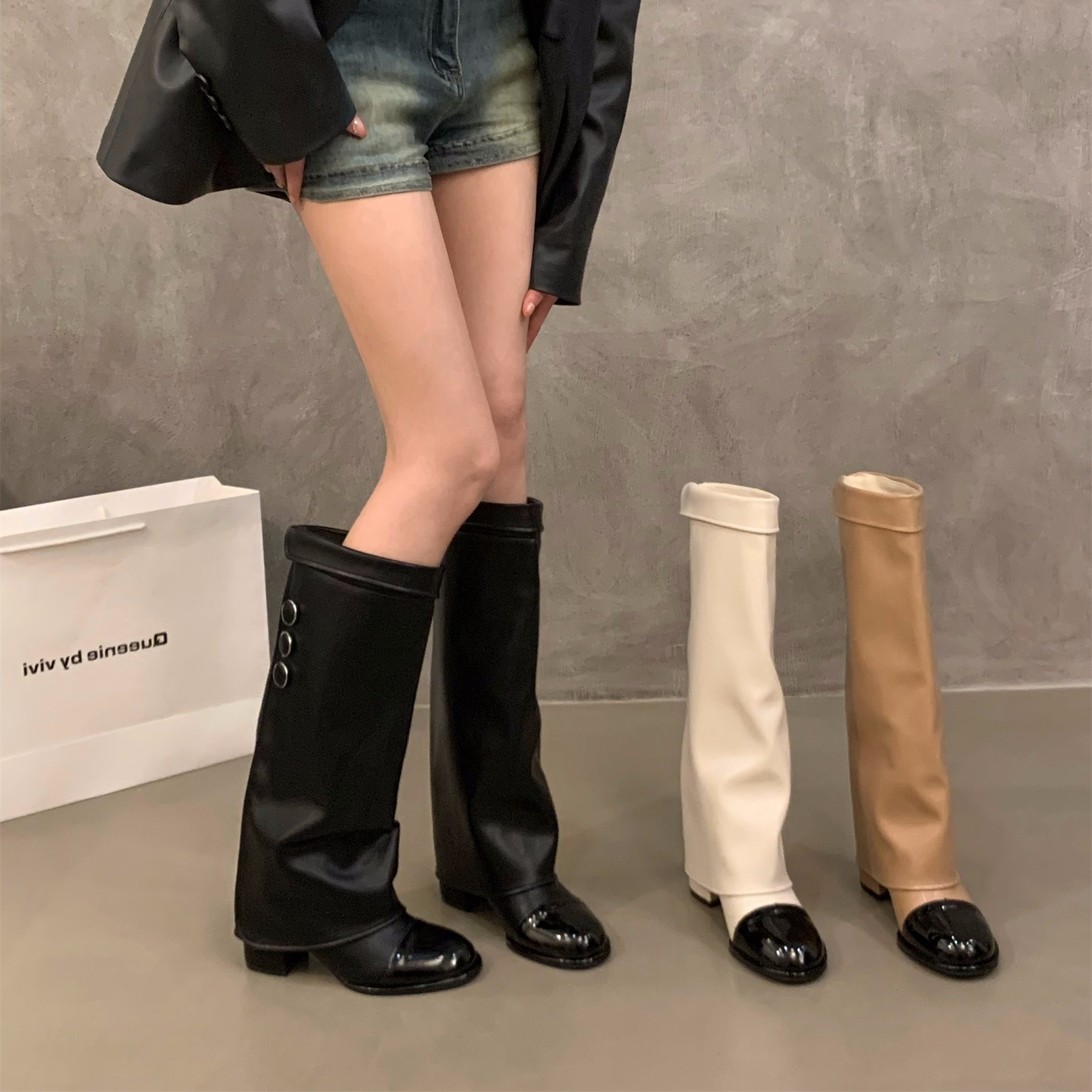 【香港代购正品ITANUG】高跟拼色高筒骑士靴女秋冬季卡其色长靴子