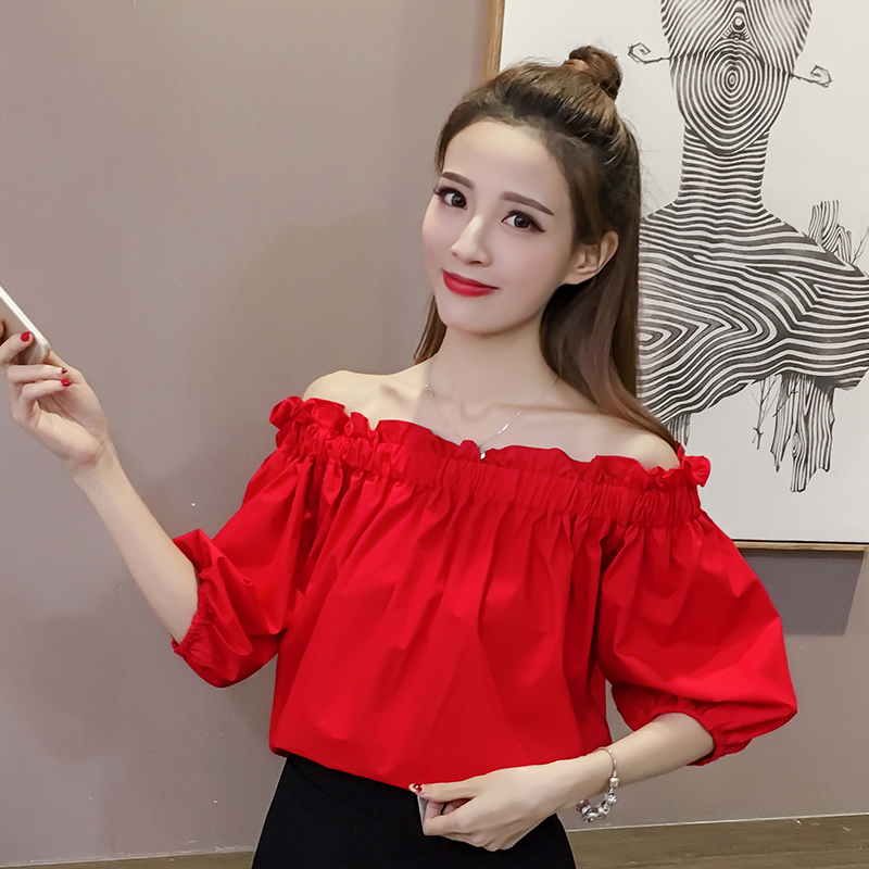 韩版夏季新款半袖一字领百搭显瘦上衣时尚气质衬衫露肩红色少女装