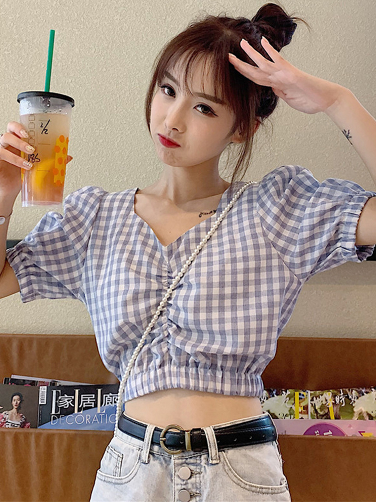 2025夏季新款韩版收腰格子短款衬衫泡泡袖小众娃娃衫女设计感上衣