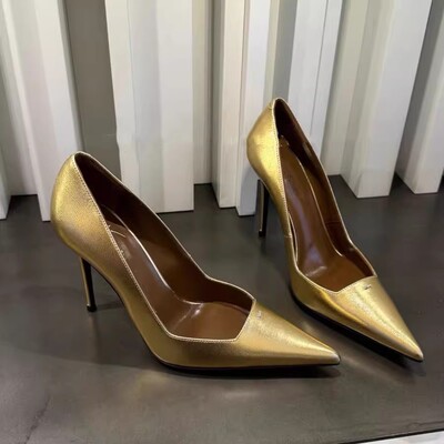 金色细钻尖头高跟鞋浅口单鞋冬