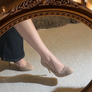 护趾棉版 绝美绒面圆头细跟裸色高跟鞋 不累脚配裙子千金风浅口单鞋