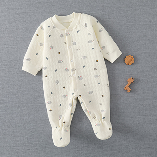 新生婴儿连体衣外出纯棉宝宝外穿保暖夹棉春秋薄款夏包脚连脚按扣