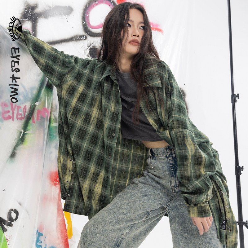 EYESKIMO宽松喷花水洗格子衬衫