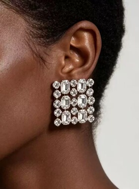 方形水钻异形拼接白钻银色夸张耳钉一对EARRING