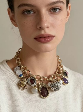 新款2026气质爱心大象灯笼吊坠复古in风女士魅力项链毛衣链