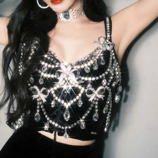 欧美秀款自制孔雪儿同款蝴蝶结水钻吊带流苏背心身体链重工