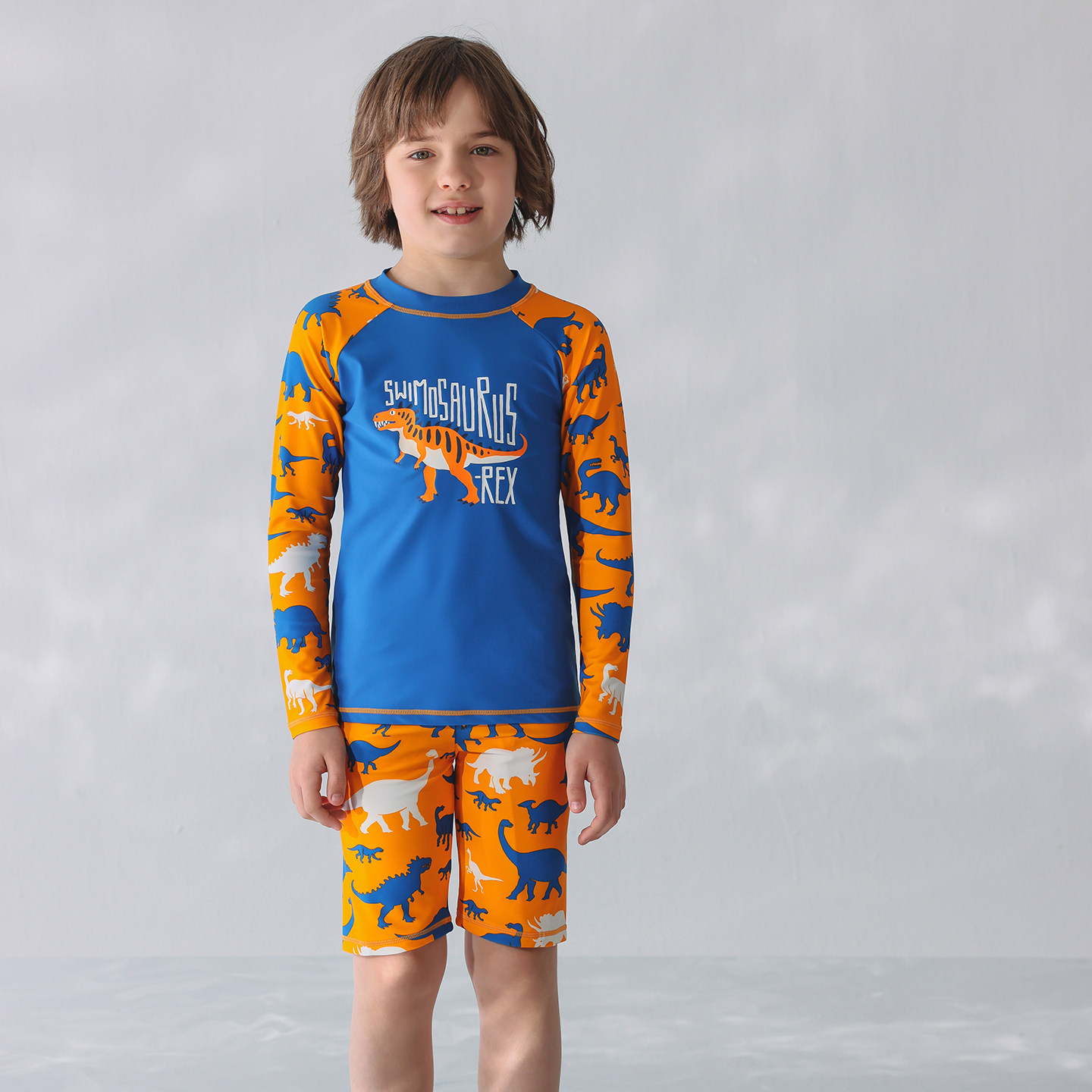 出口欧美单男中大童防晒防辐射长袖蓝橘色剑龙短裤休闲分体游泳衣