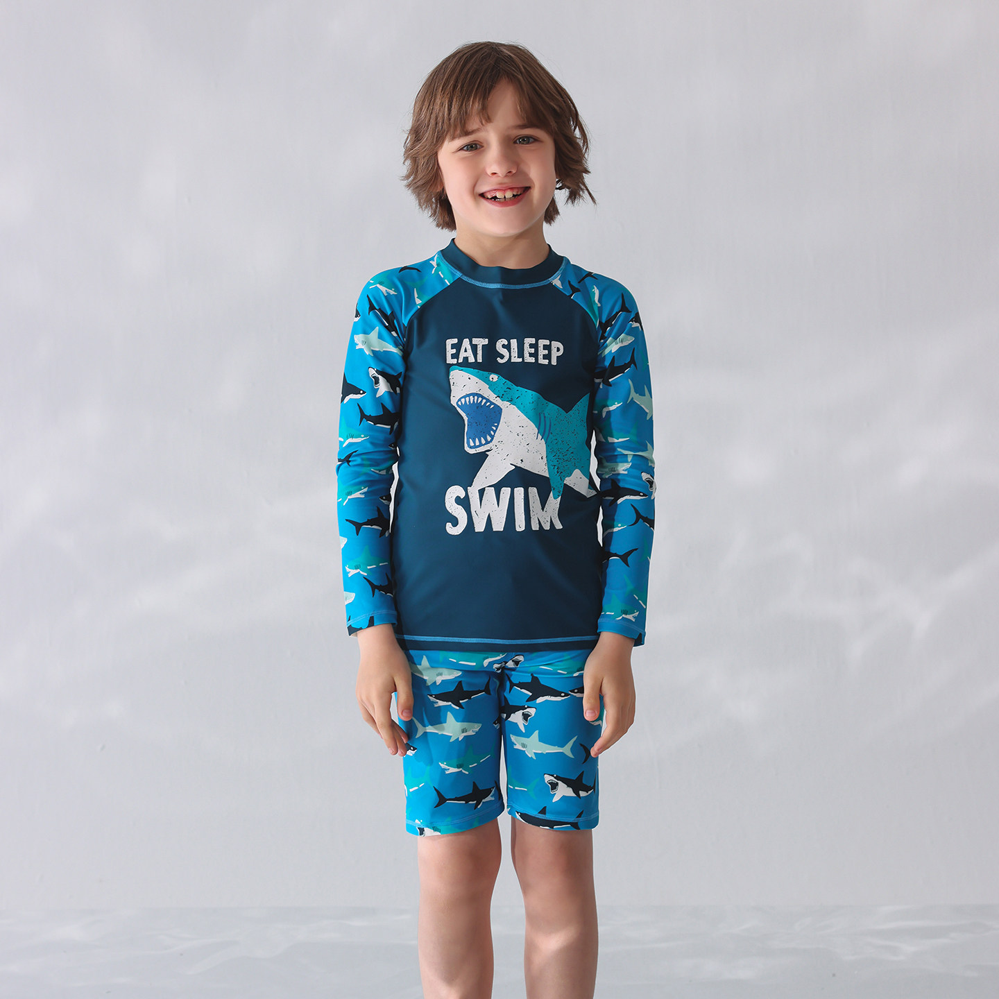 出口欧美单男中大童防晒防辐射长袖深蓝大鲨鱼短裤休闲分体游泳衣