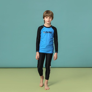 出口欧美男中小童防晒辐射长袖 蓝色字母分体游泳衣成人亲子装 长裤