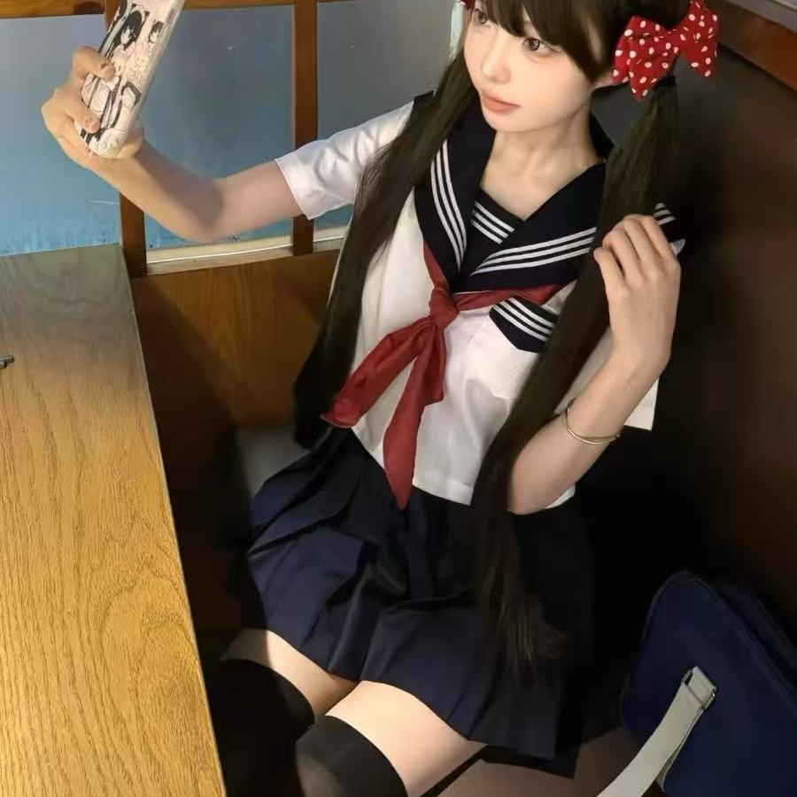 jk制服套装绀色白三本上衣长短袖