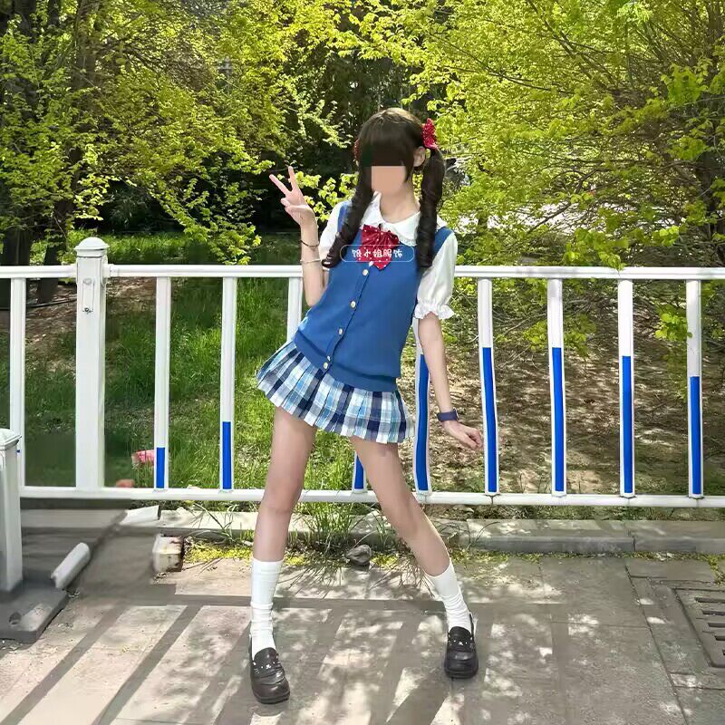 气泡水jk夏季日系学院风jk制服宝蓝开衫马甲背心娃娃领短袖套装