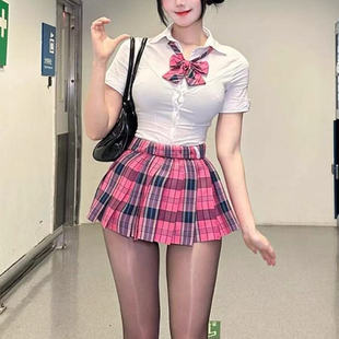 狗短百褶裙套装 原创辣妹白色收腰衬衫 衬衣正版 JK制服短袖 纯欲修身