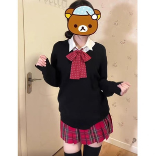 毛衣日系学院风校供感针织外套 长袖 jk制服套装 小辣椒红色格裙衬衫