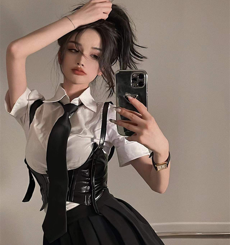 辣妹收腰紧身衬衫短款上衣女夏图片