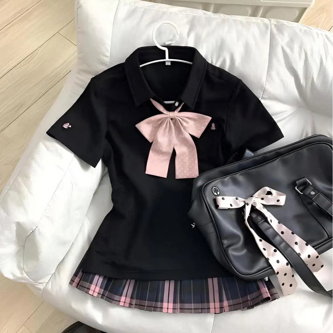 【叠穿三件套】风吹麦香jk制服短袖polo衫收腰格裙套装夏季日系