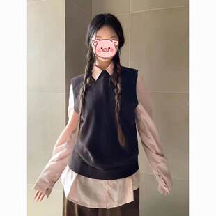 美拉德针织马甲背心女早秋穿搭粉色衬衫毛衣宽松叠穿上衣两件套装