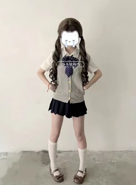 原创jk制服日系校供感灰色针织开衫马甲叠穿短袖上衣百褶裙套装女