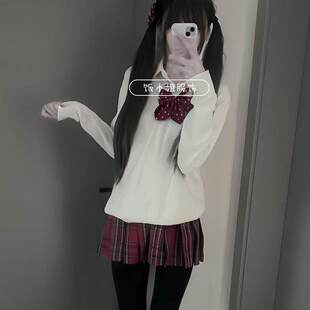 原创JK制服针织衫v领白色套头毛衣长袖樱花妹穿搭jk格裙一整套女