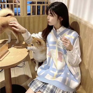 毛衣女 国潮可爱小熊软糖马甲外穿软妹上衣T恤宽松糖果色V领针织衫