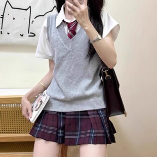 浅灰色jk毛衣马甲女日系学院风薄款上衣麻花V领私立套头针织衫