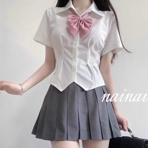 收腰衬衫女短袖辣妹学院风套装