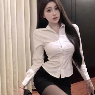 白色长袖 衬衣修身 上衣 女早秋收腰显瘦短款 性感辣妹纯欲jk制服衬衫