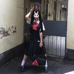 原创jk制服学院风甜美绀色无袖 针织马甲衬衫 叠穿海苔jk长格裙套装