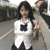 原创jk制服收腰白色衬衫 女长短袖 辣妹学院风衬衣狗短百褶格裙套装