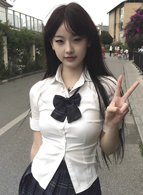 原创jk制服收腰白色衬衫女长短袖辣妹学院风衬衣狗短百褶格裙套装