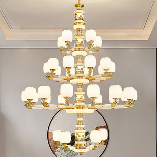 别墅复式楼客厅大吊灯新中式玉石全铜挑空中空楼梯大气中山灯具