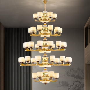 新中式别墅自建房大吊灯全铜天然玉石客厅灯酒店复式楼梯挑空灯具