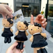日本NIC豹纹黑皮长腿Kitty毛绒挂件可爱kt猫爱心扣书包挂饰钥匙扣