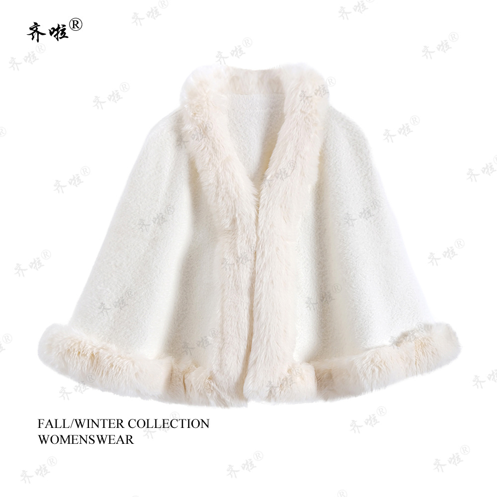 秋冬新款国风仿貂绒皮草毛领斗篷披肩纯色短款宽松开衫外套披风女